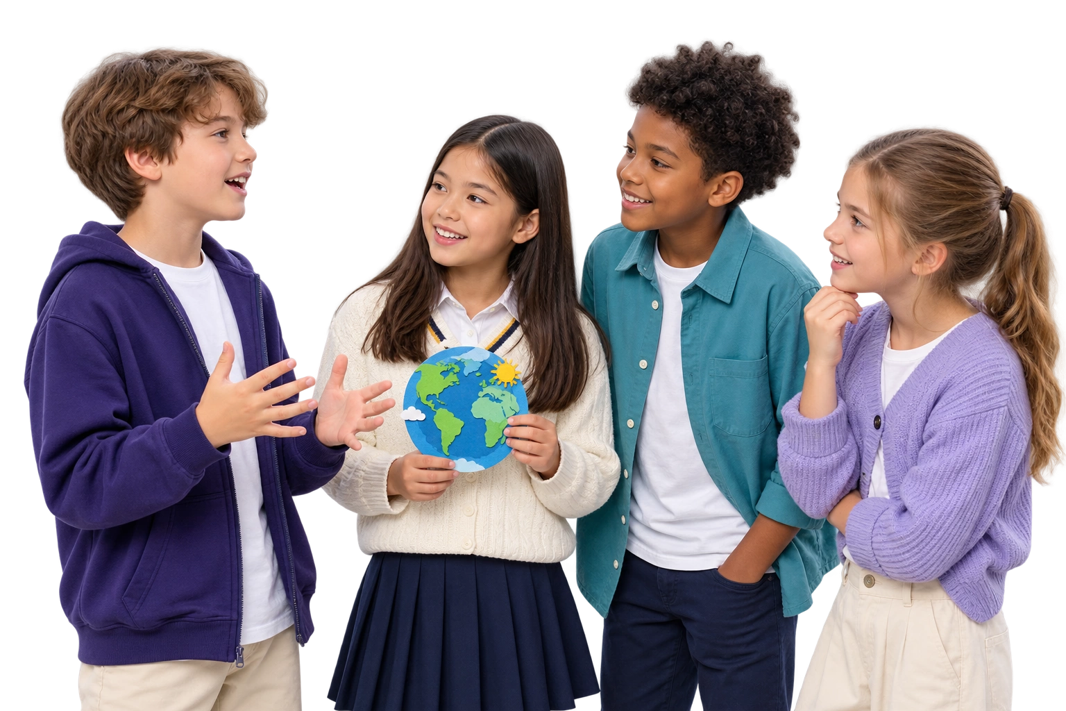 Cuatro niños compartiendo ideas y expresándose con confianza en inglés