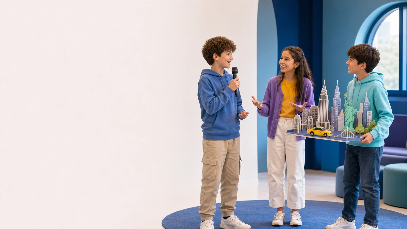 Tweens comunicándose con confianza durante un proyecto sobre Nueva York